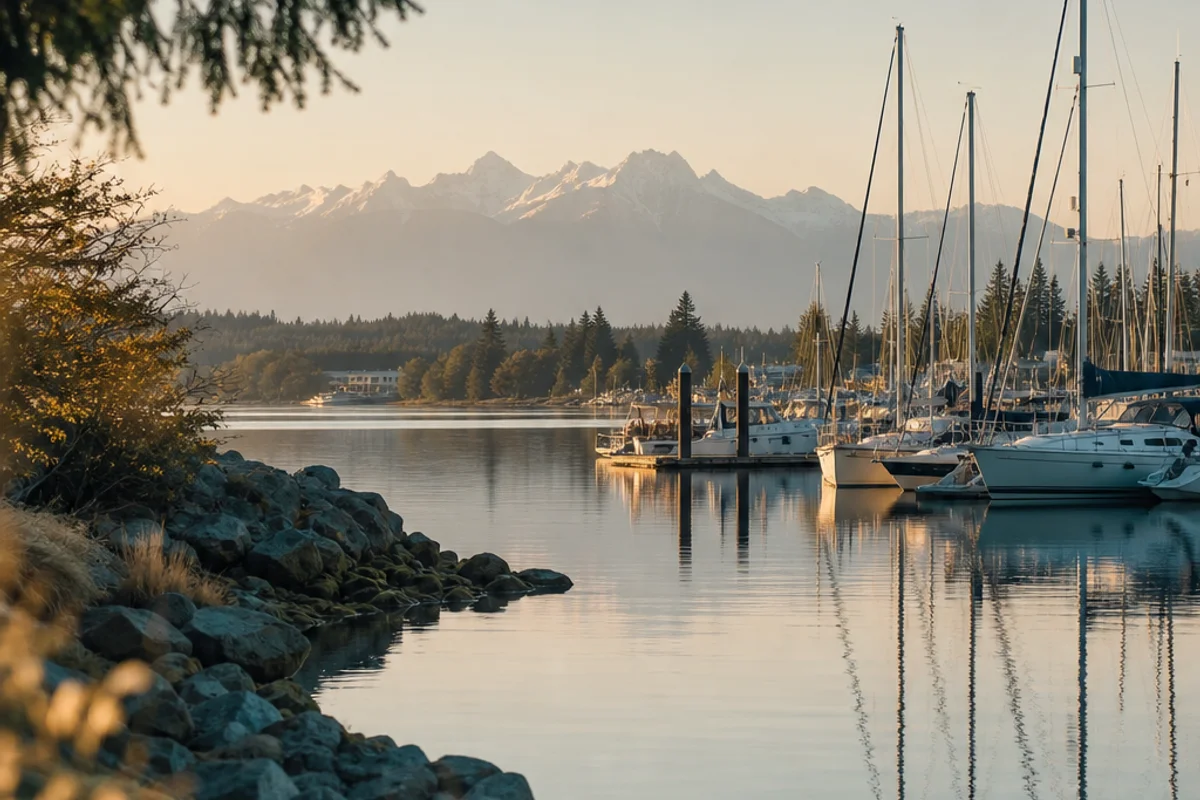 A calm Everett-area marina at golden hour with sailboats and the Cascade mountains in the distance