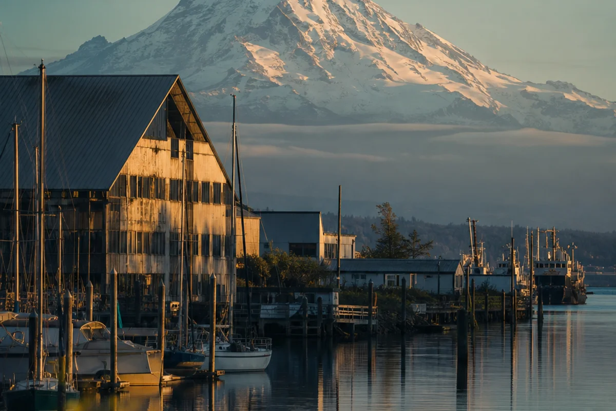 Mount Rainier rising behind Commencement Bay and the Tacoma waterfront at golden hour
