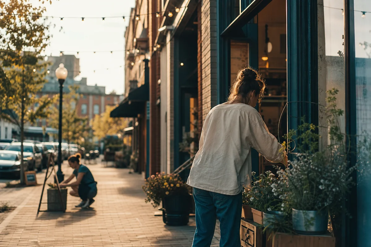 A golden-hour main-street scene in a historic Tacoma neighborhood with small independent storefronts
