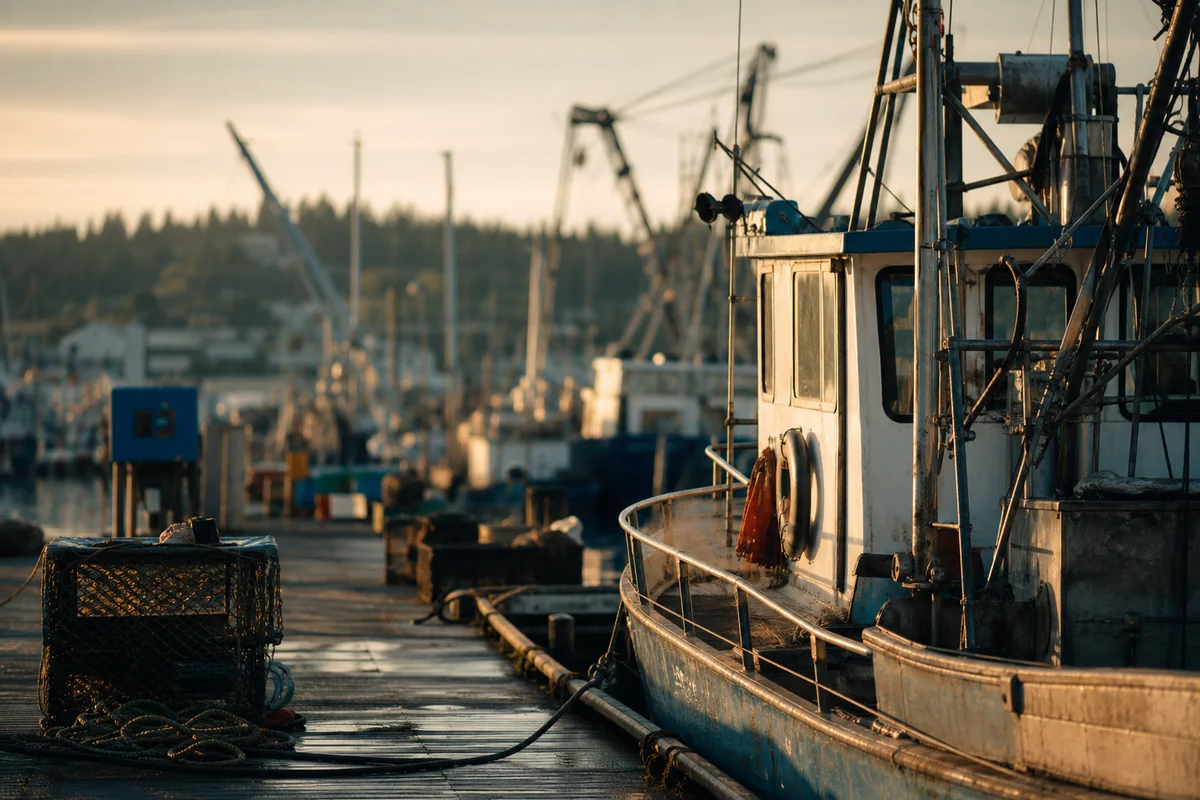 A golden-hour working waterfront and marina scene in Everett, Washington