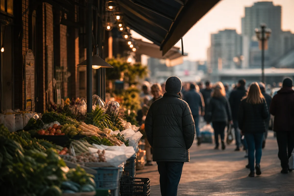 A golden-hour Pike Place Market street scene with produce stalls and storefronts in Seattle