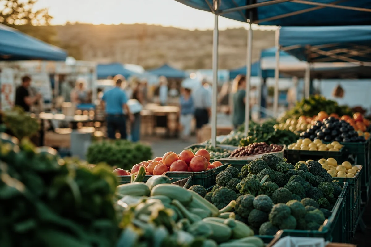 A golden-hour outdoor farmers market with fresh local produce in the Pasco Tri-Cities area