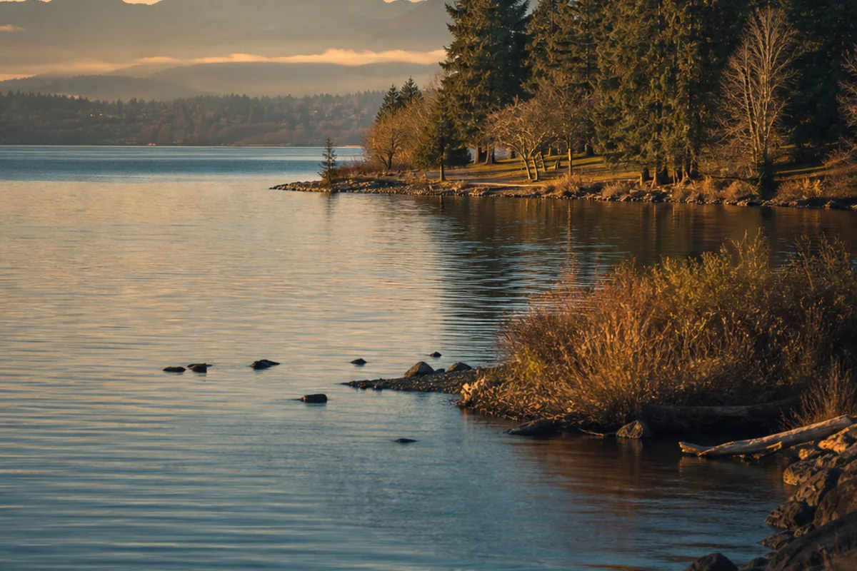 The southern shore of Lake Washington near Renton at golden hour