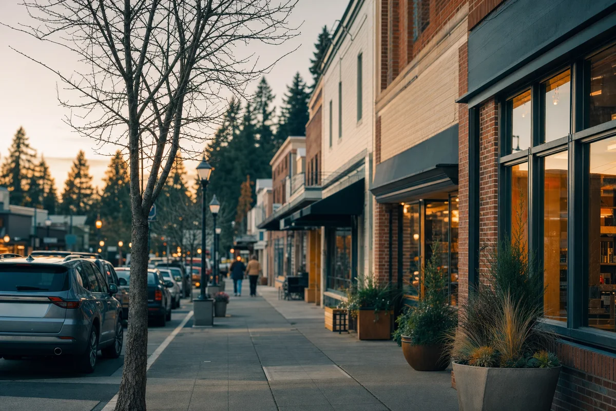 A historic downtown Renton main street with brick storefronts at golden hour