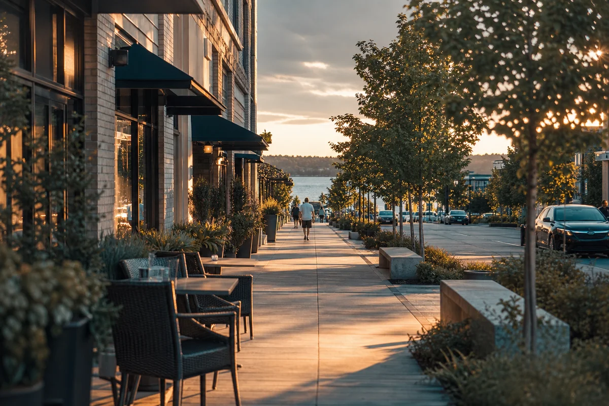 A walkable downtown Kirkland street with sidewalk cafes and a glimpse of Lake Washington at golden hour
