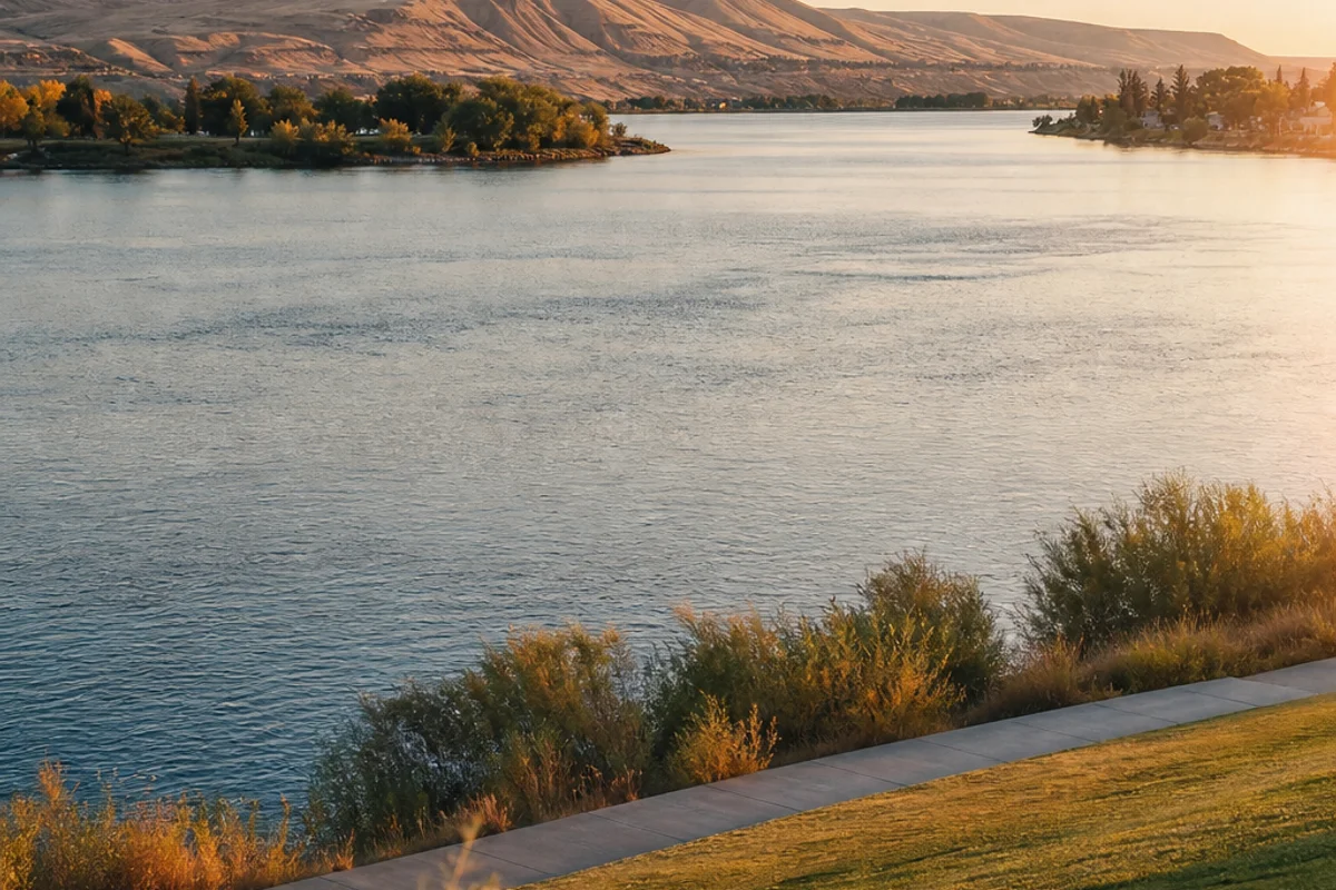 The Columbia River at Kennewick with a riverfront trail and arid ridges at golden hour