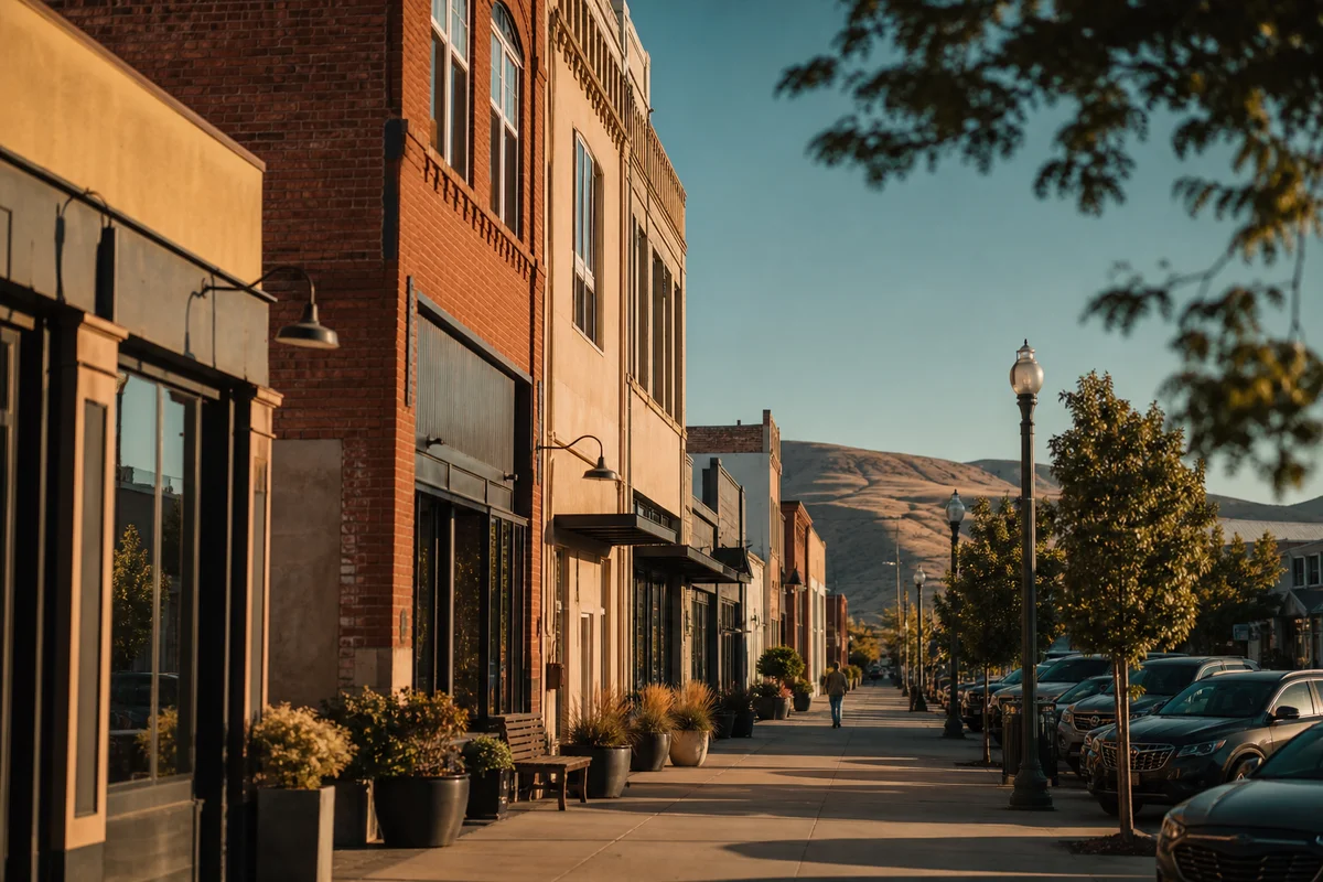 A historic downtown Kennewick street with brick storefronts and arid hills beyond at golden hour