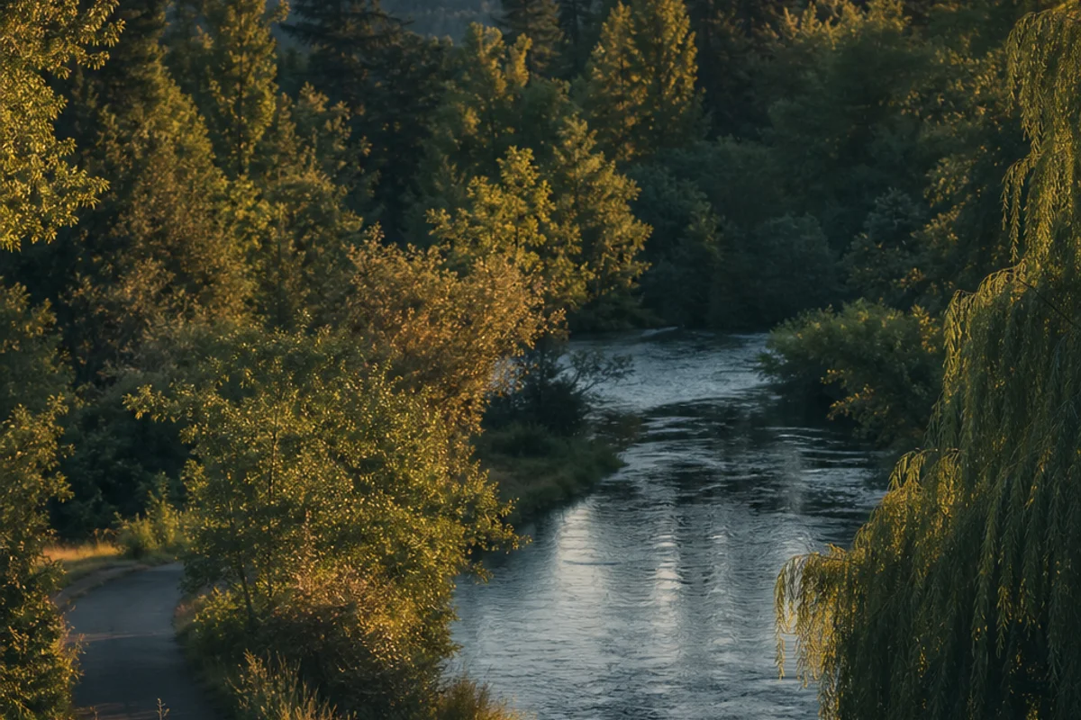 The Sammamish River trail through green parkland at Redmond at golden hour