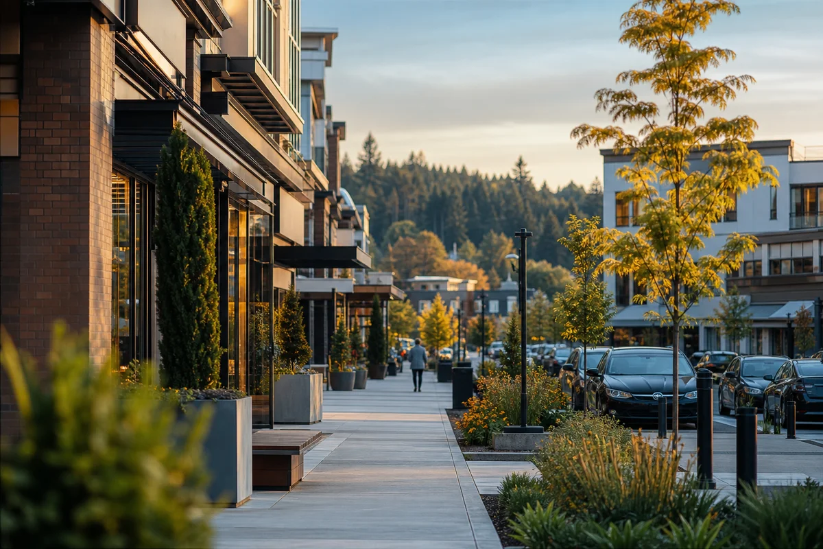 A modern walkable downtown district in Redmond with plazas and wooded Eastside hills beyond at golden hour