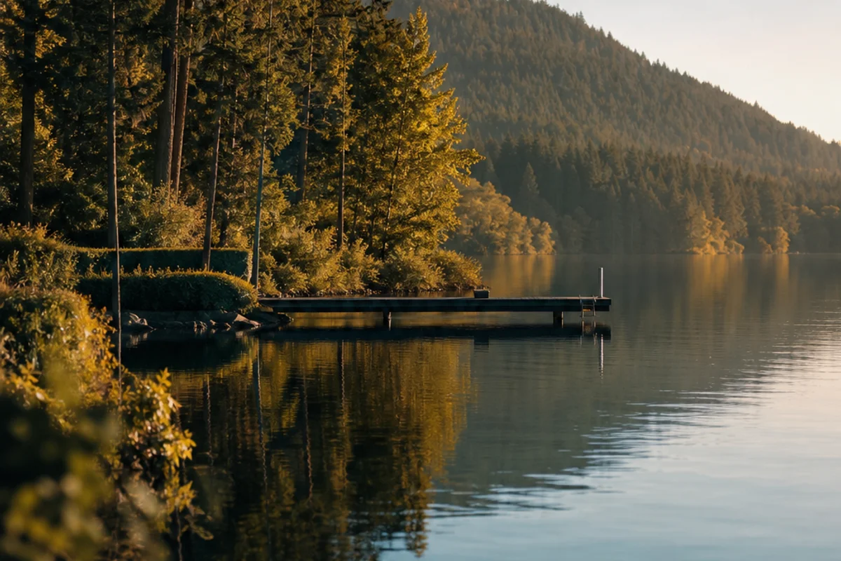 A forested shore of Lake Sammamish with evergreens and a quiet dock at golden hour