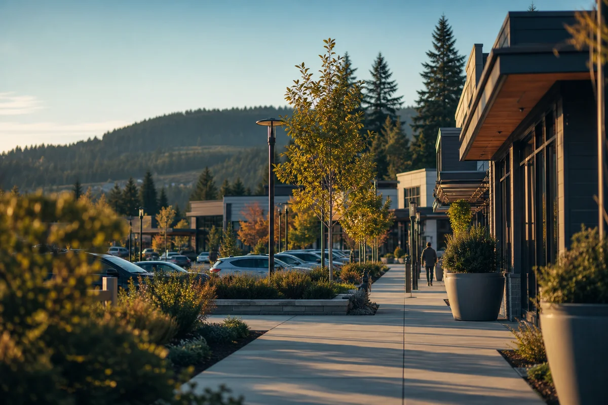 An upscale suburban town-center plaza in Sammamish with landscaping and wooded plateau hills beyond at golden hour