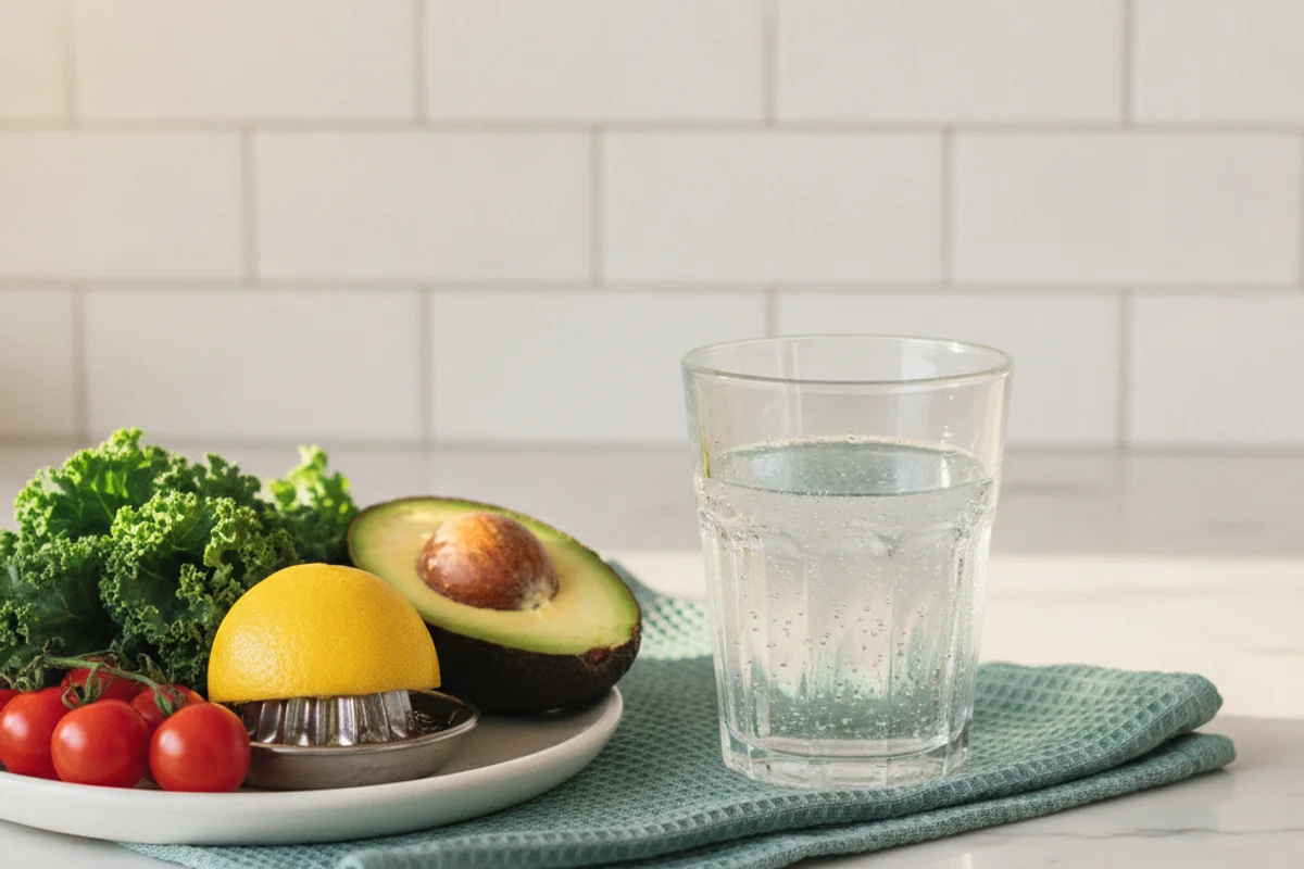 Fresh produce and a glass of water on a kitchen counter, everyday preventive wellness
