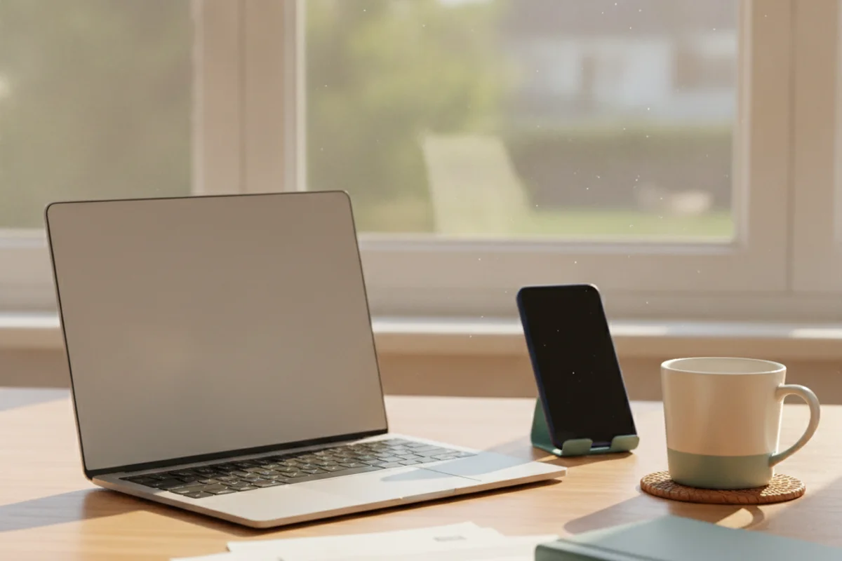 A home workspace with a laptop and phone, connecting to care virtually