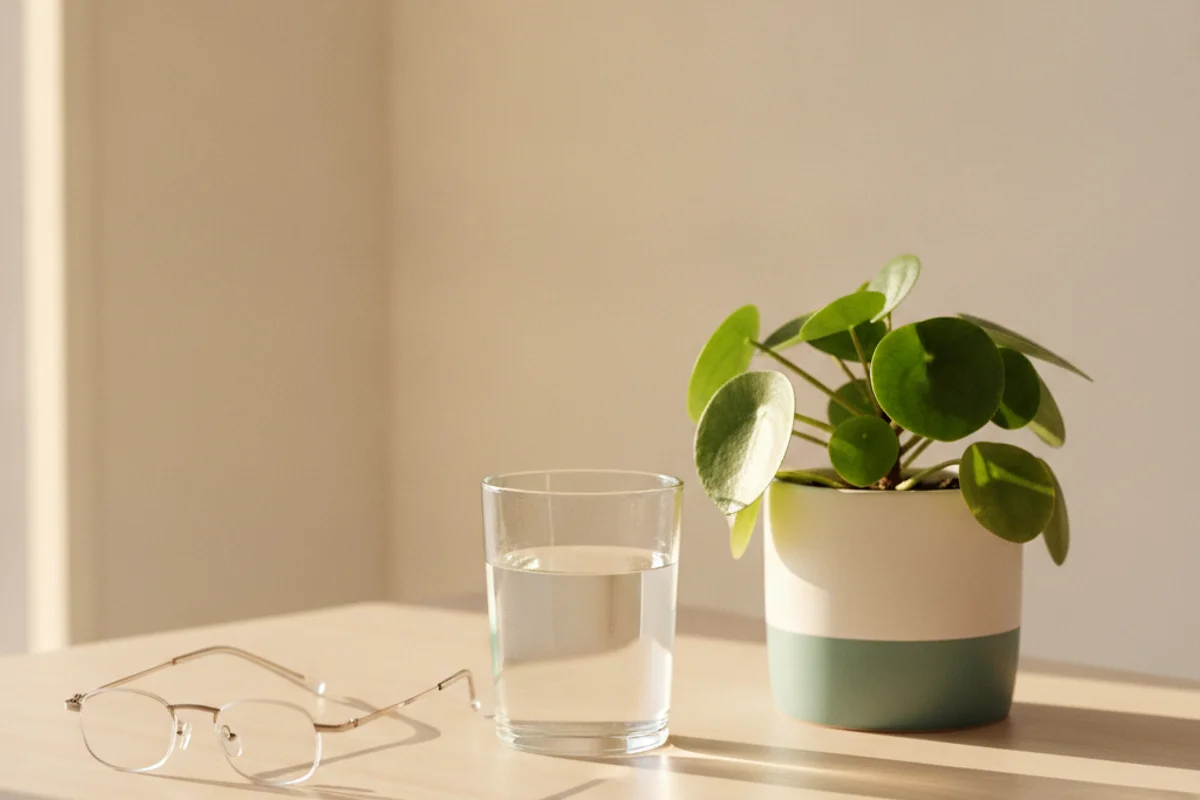 Eyeglasses and a leafy plant in soft daylight, everyday add-on care