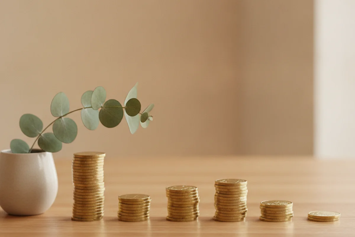 Uneven coin stacks on a warm wood surface, income that changes month to month