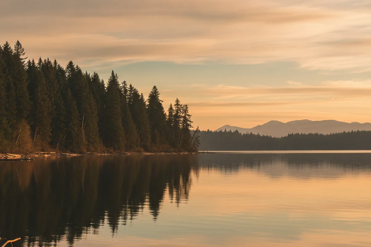 American Lake near Lakewood at golden hour with calm water and evergreens