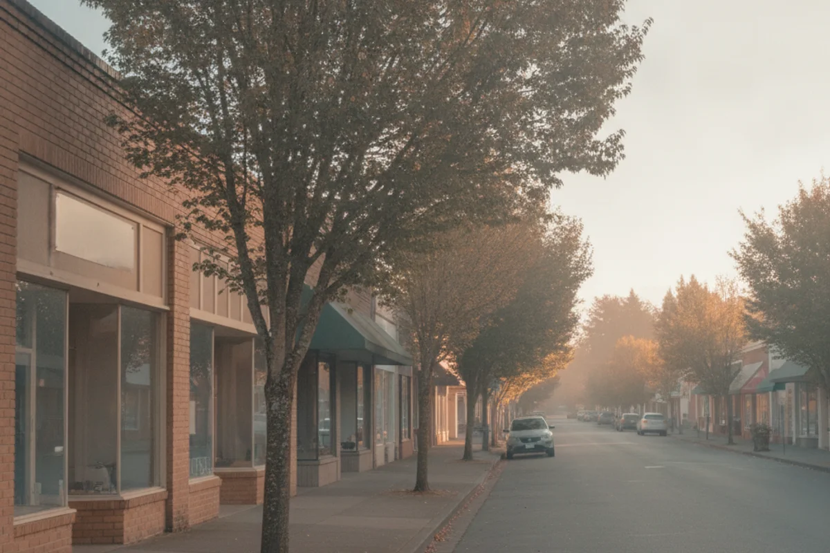 A quiet Lakewood main street with small storefronts in soft morning light