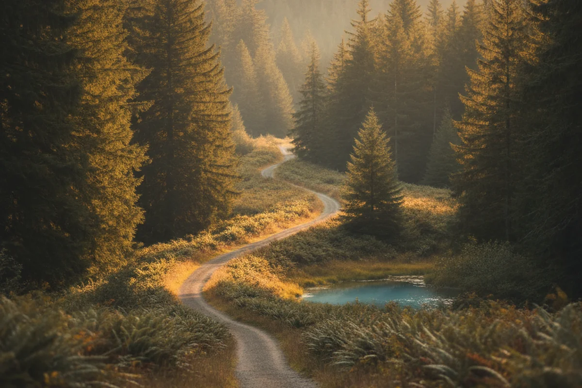 An open winding trail through evergreen Washington foothills at golden hour, a clear path forward, calm and hopeful