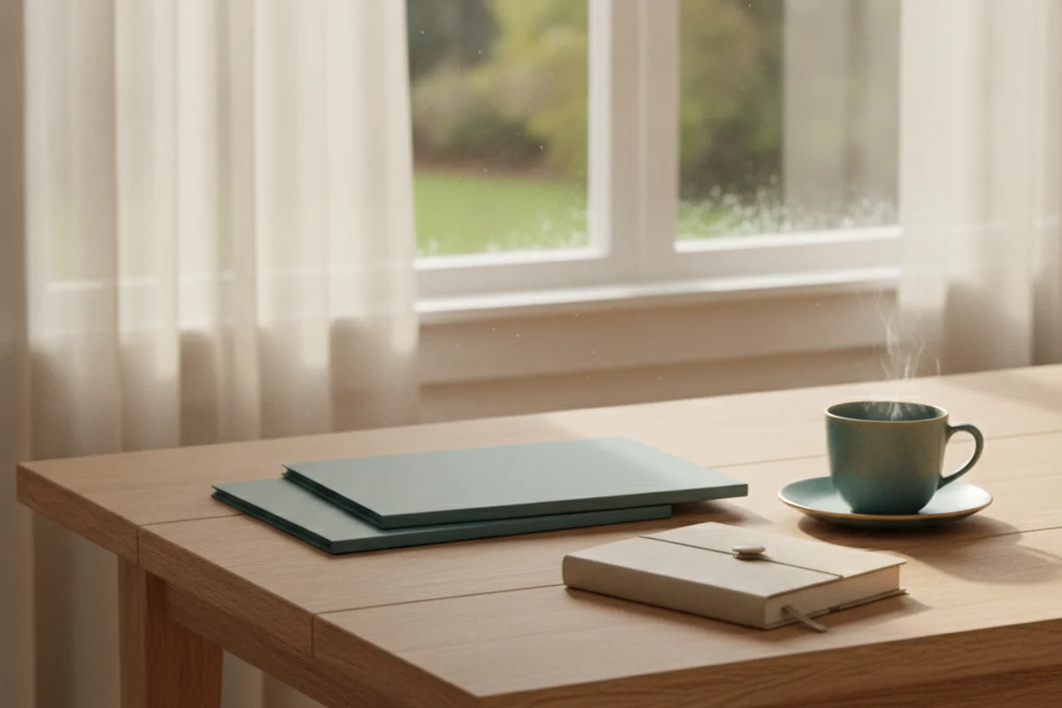 A calm sunlit kitchen table with neatly arranged folders and a notebook, organizing the details