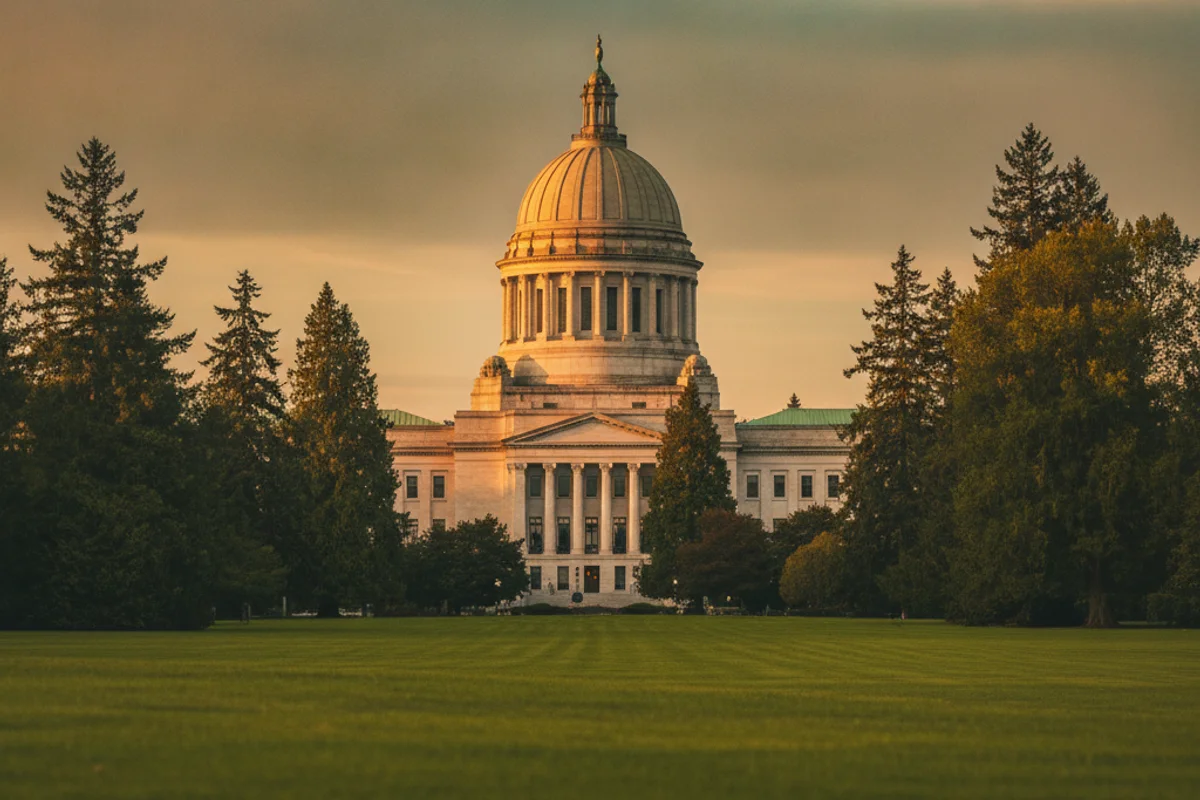 The Washington State Capitol dome in Olympia at golden hour, trusted official state resources