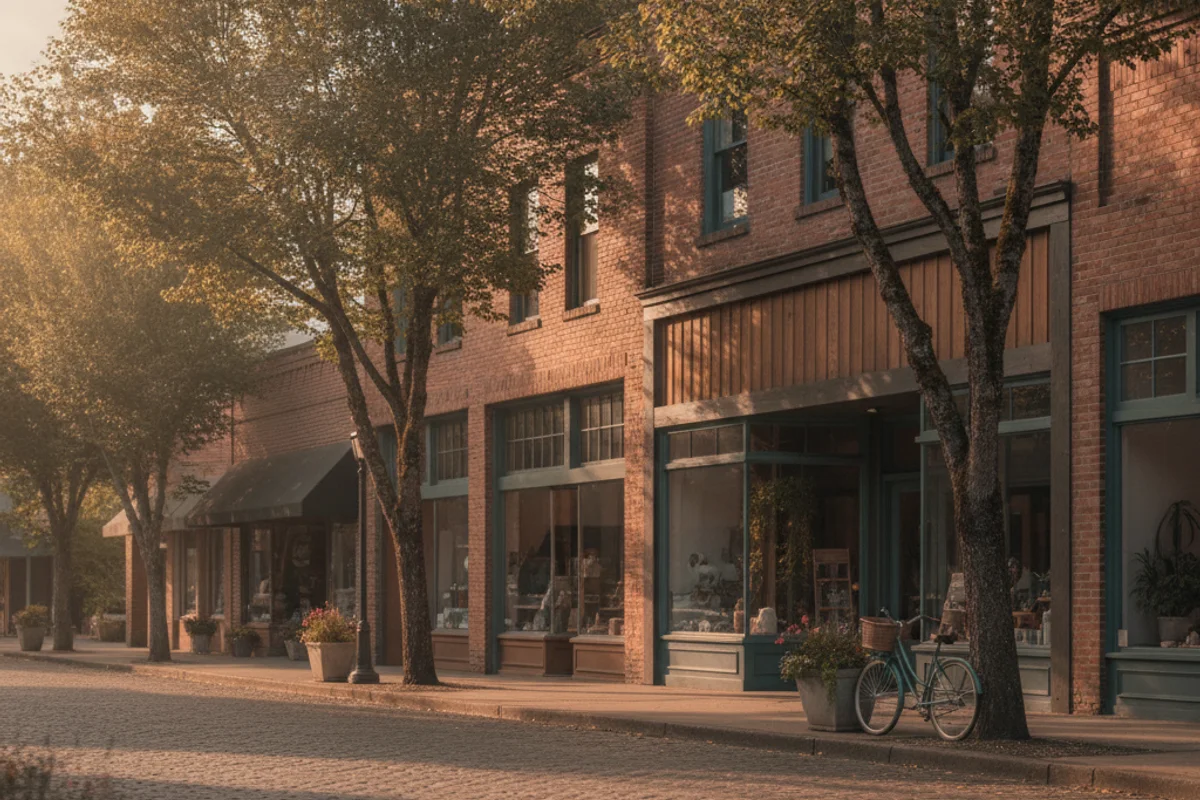 A warm Pacific Northwest small-town main street at golden hour, brick storefronts and trees, neighborly calm