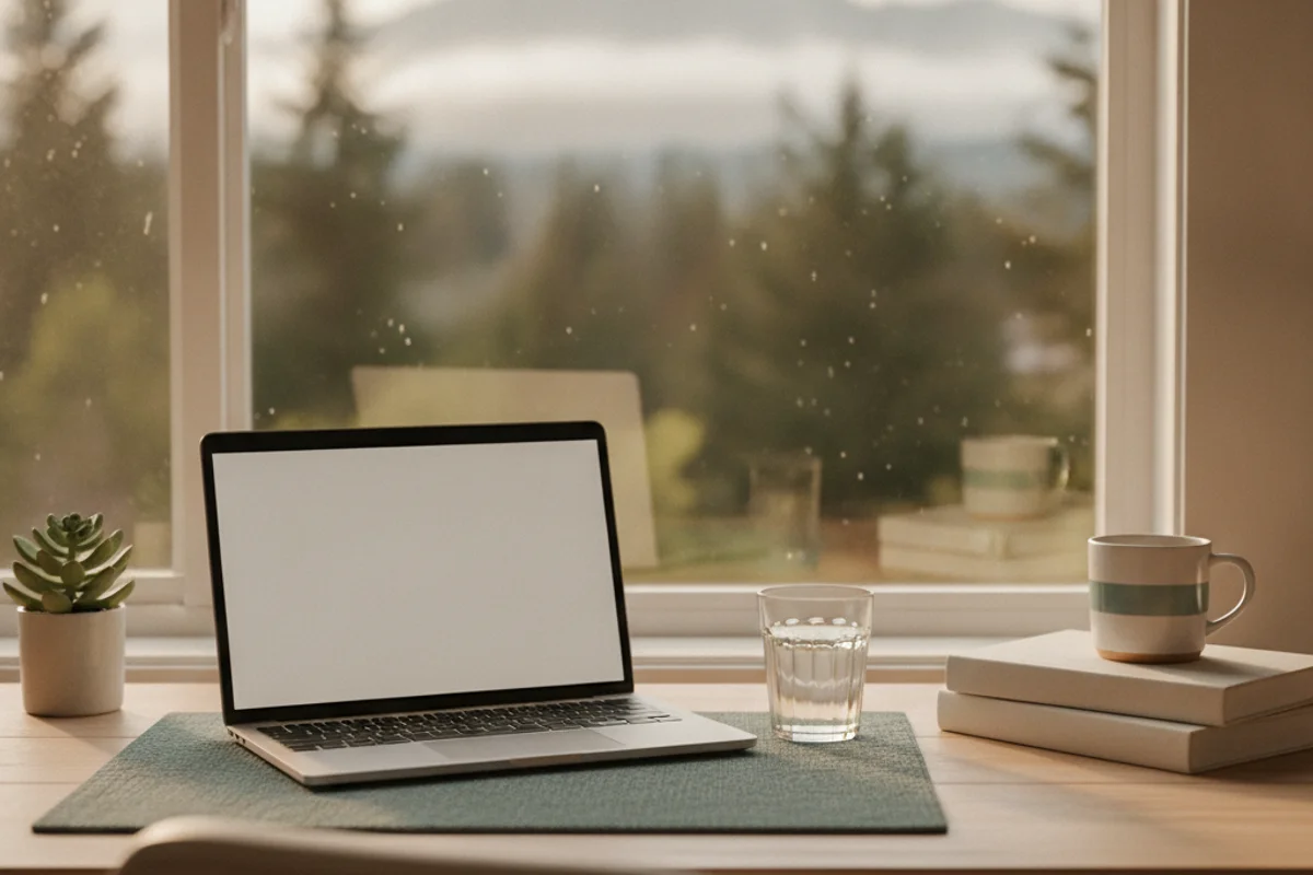 A bright calm home desk with an open laptop and a glass of water by a window, an easy next step