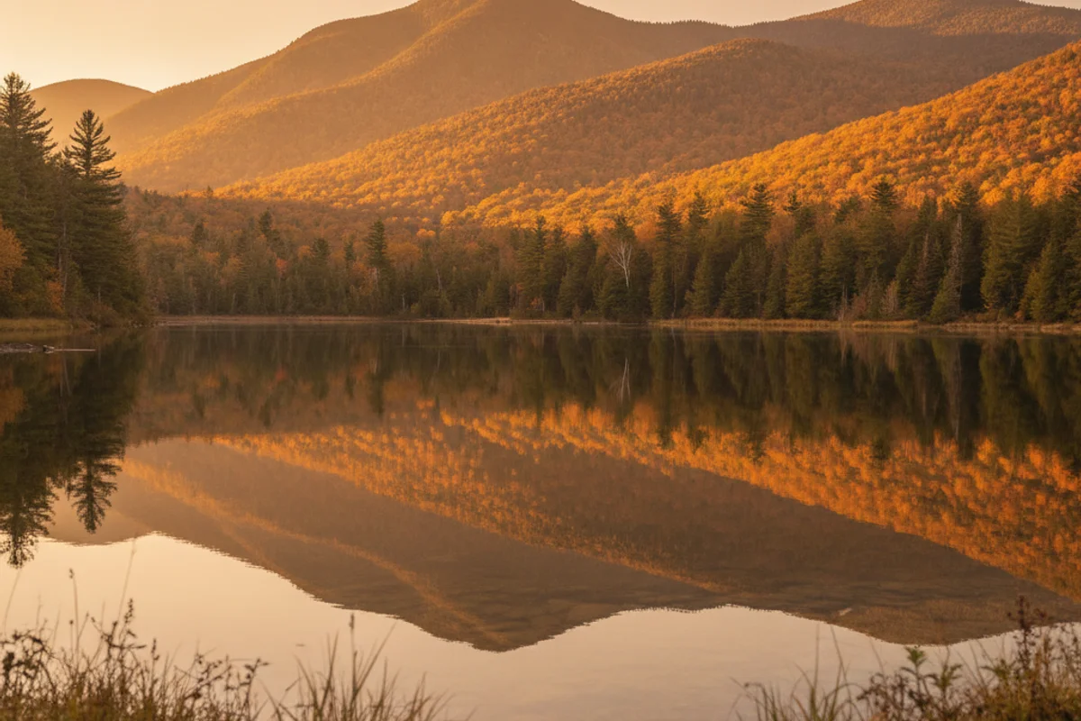 New York State: the Adirondack mountains and a calm lake with autumn light, open and welcoming