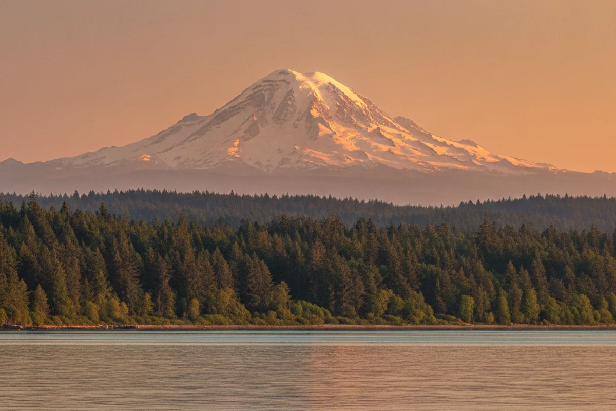 Washington State: Mount Rainier above evergreen forests and calm Puget Sound water at golden hour