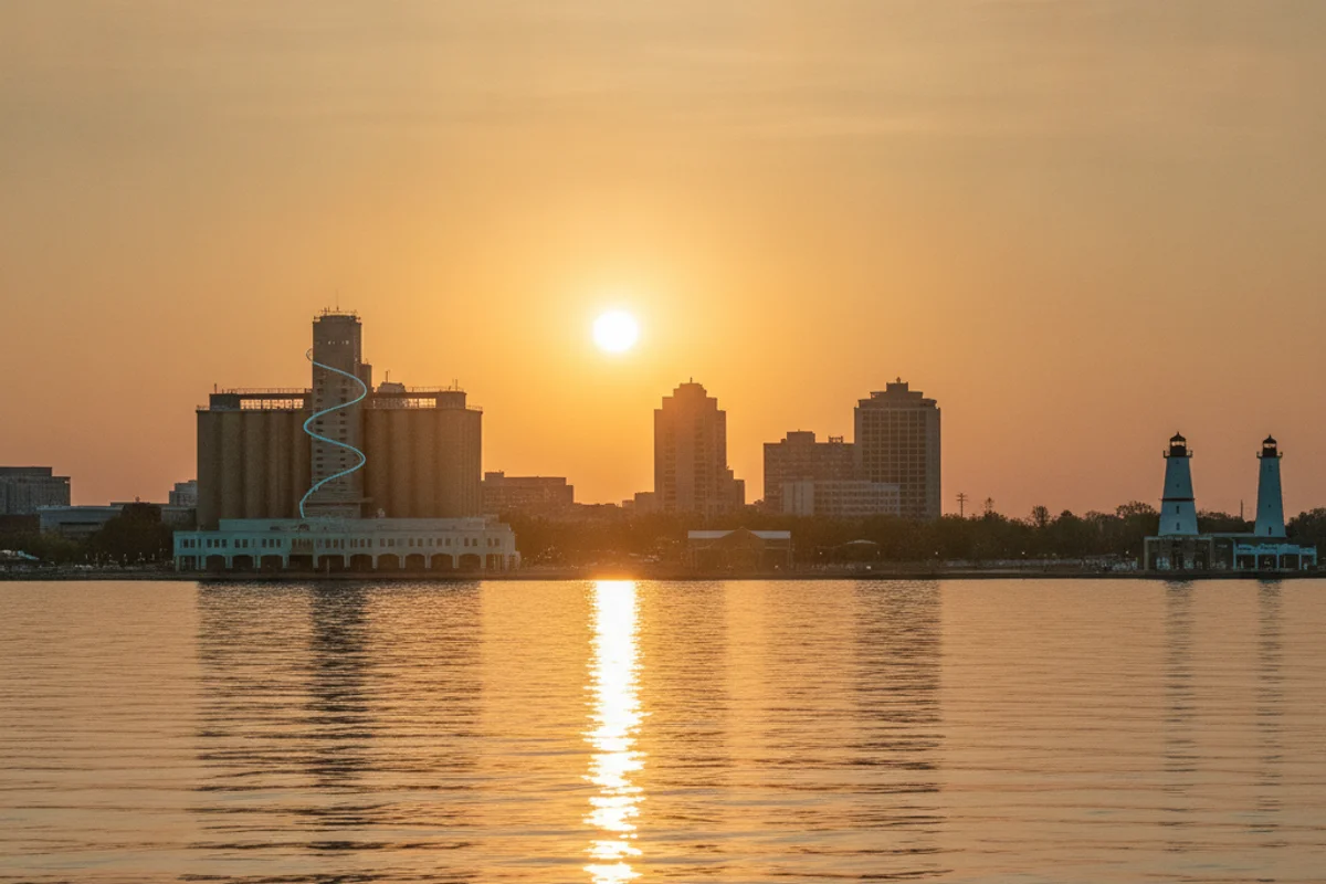 A calm view of Buffalo at golden hour