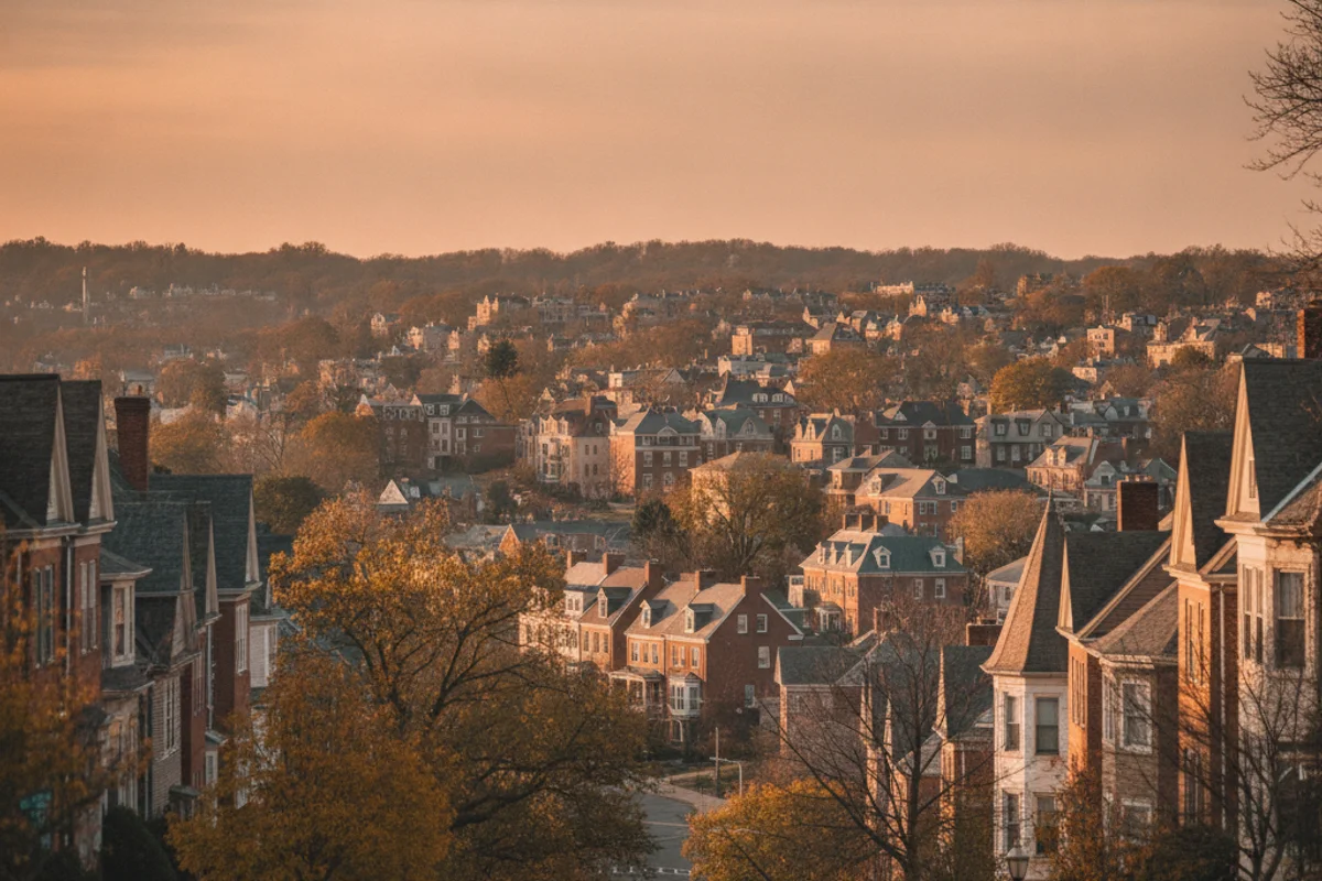 A calm view of Mount Vernon at golden hour