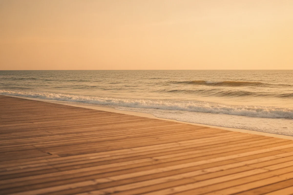 A calm view of Long Beach at golden hour