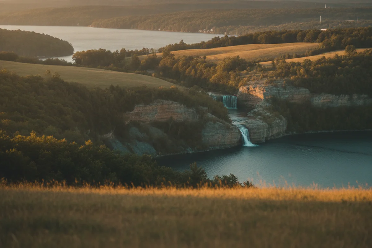A calm view of Ithaca at golden hour