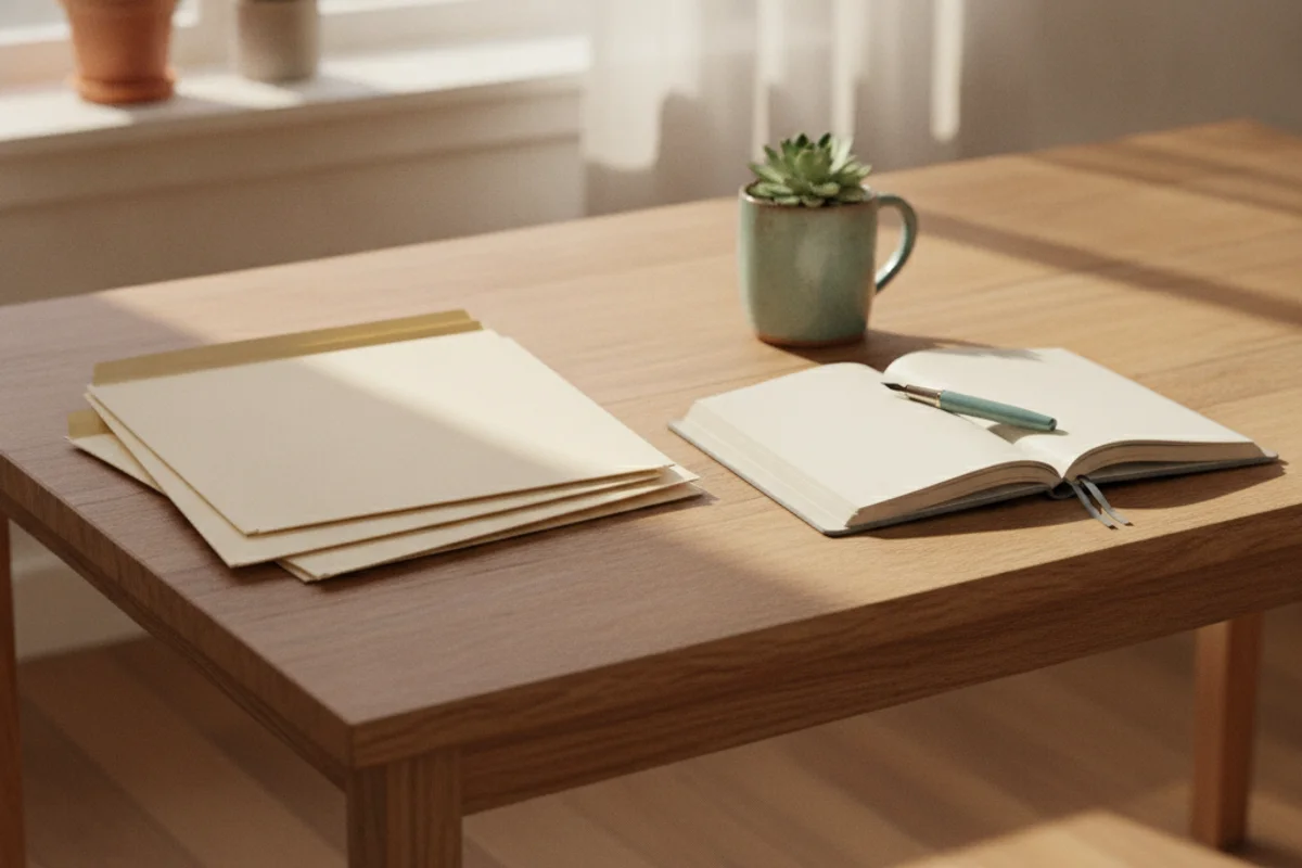 A calm kitchen table with folders and a notebook
