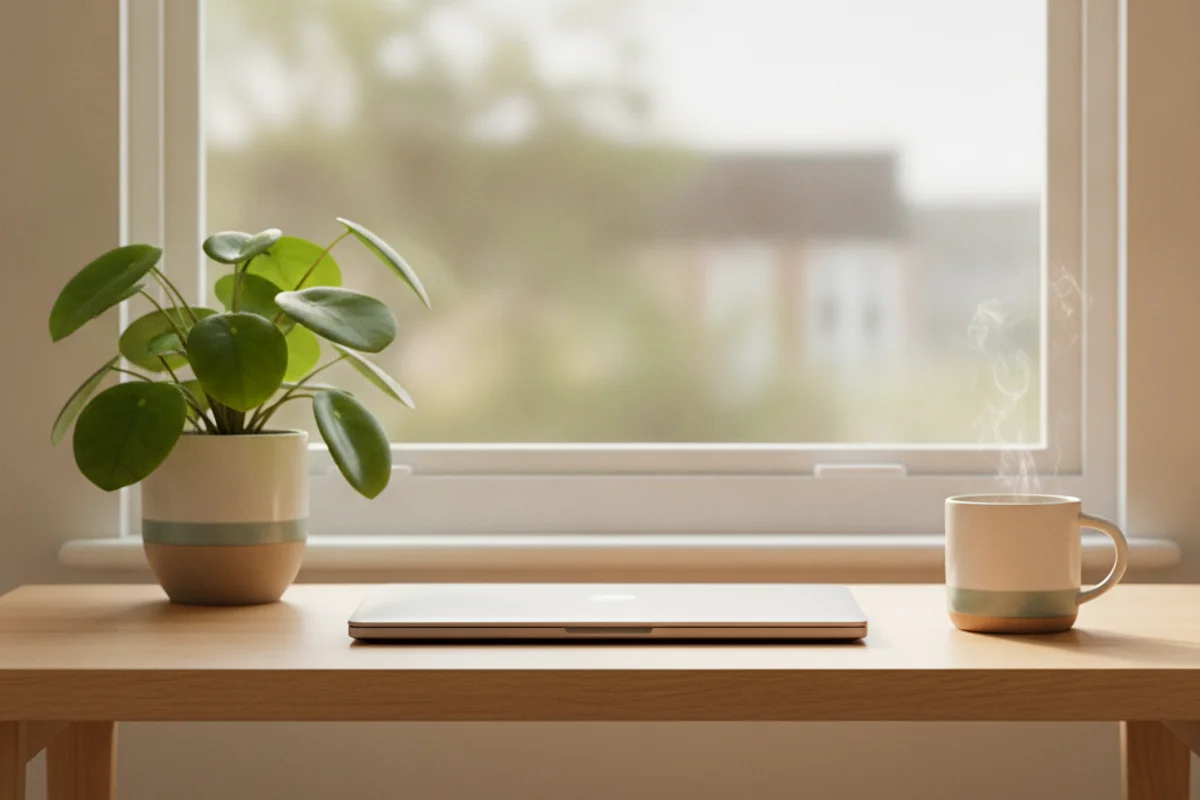 A calm home desk by a sunny window